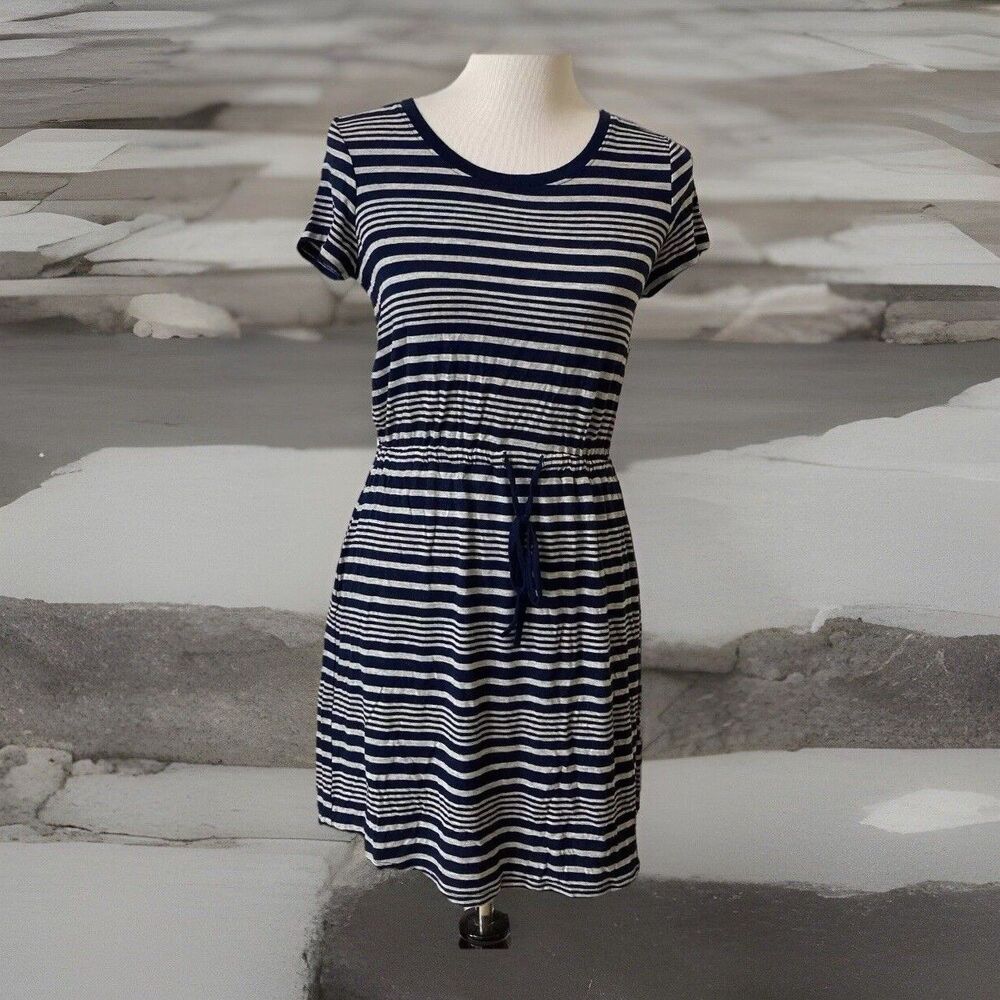Olive & Oak Women's Dress Sz S Navy Gray Striped Drawstring Belt T-Shirt Style